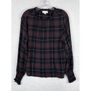CLOTH & STONE Women's Pucker Plaid Top Long‎ Sleeve Textured Red/Black Size M